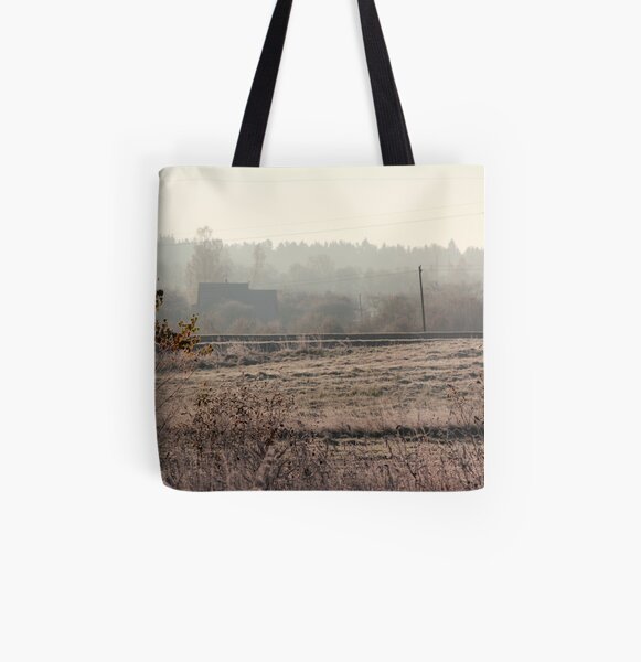 Village in morning mist at autumn time All Over Print Tote Bag