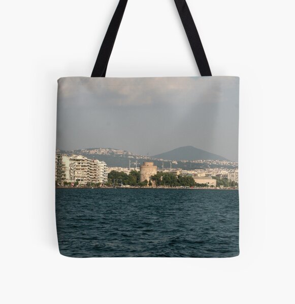 Thessaloniki bay and the White tower with the mountain behind it, Greece All Over Print Tote Bag
