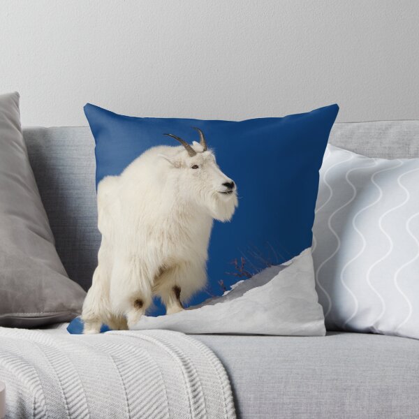 Mountain Goat On Blue Throw Pillow