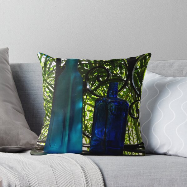 Item preview, Blue Buddles in a Window with green Palms - Botellas Azules en una Ventana designed and sold by PtoVallartaMex.