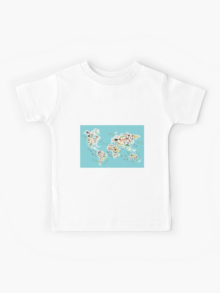 Cartoon Animal World Map For Children And Kids Animals From All Over The World White Continents And Islands On Blue Background Of Ocean And Sea Kids T Shirt By Ekaterinap Redbubble