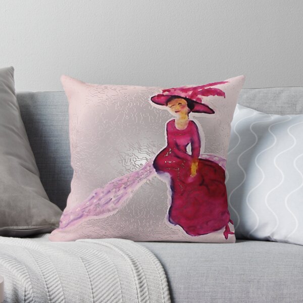 Lady in red with feather hat, watercolor Throw Pillow