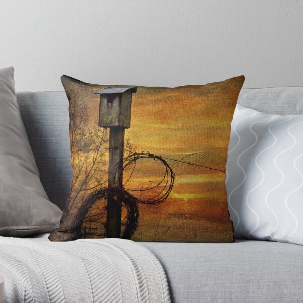 Blue Bird House and Barbed Wire Throw Pillow
