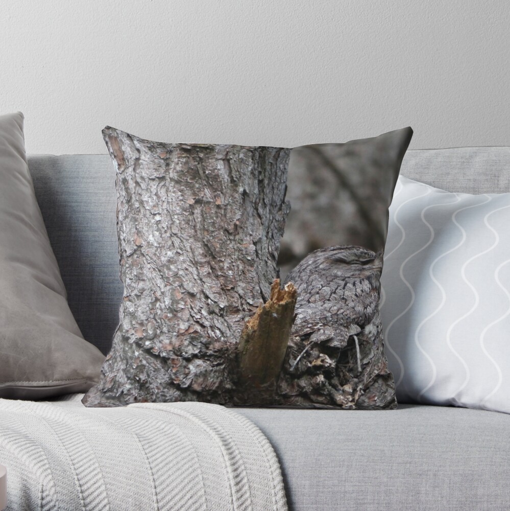 Tawny Frogmouth Nesting Throw Pillow