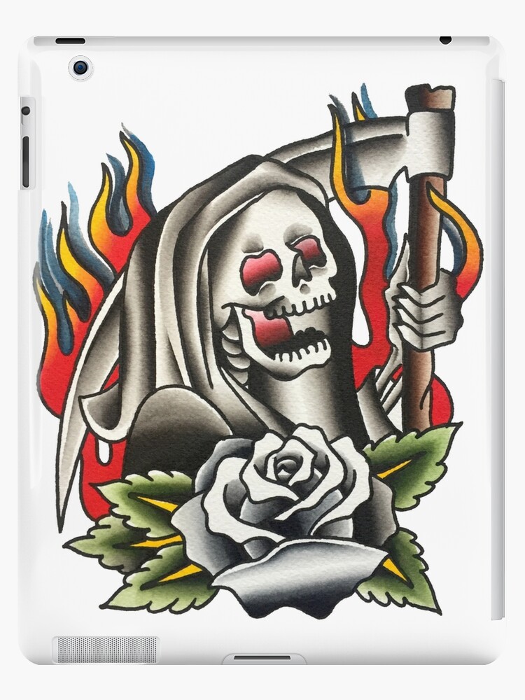 Traditional Reaper with Black Rose Tattoo Design