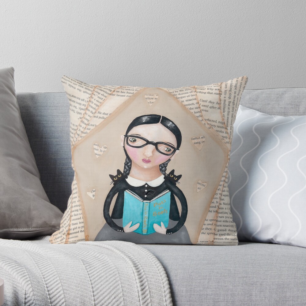 The Reader Girl with Cats Throw Pillow