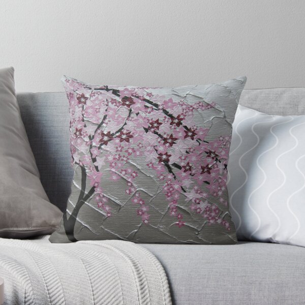 cherry blossom tree art with white and pink- japanese painting Throw Pillow