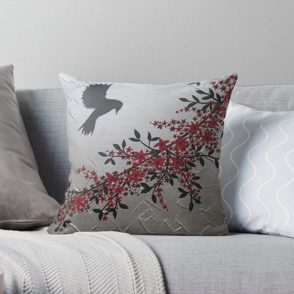 picture of a bird with red grey gray silver black blossom and leaves Throw Pillow