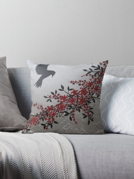 Item preview, picture of a bird with red grey gray silver black blossom and leaves designed and sold by cathyjacobs.