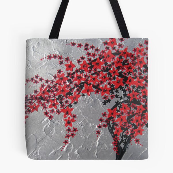 Artikelvorschau, Roter und schwarzer Baum mit silbernem Hintergrund -zen Blütenentwurf entworfen und verkauft von cathyjacobs.