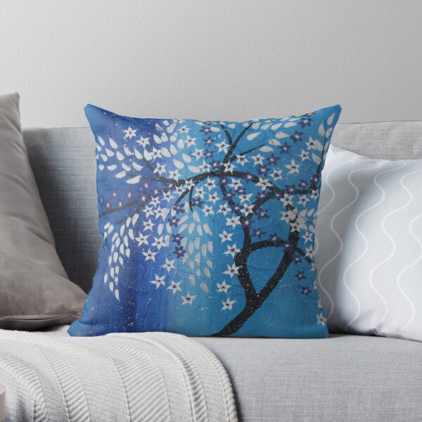 cherry blossom in the snow , blue purple silver white Throw Pillow