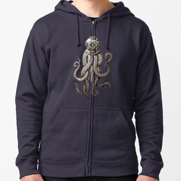 Release the Kraken, Cthulhu, Deep Sea Diving Helmet Octopus Attacking Diver Fun T-shirts and Gifts for Men Women and Kids Zipped Hoodie