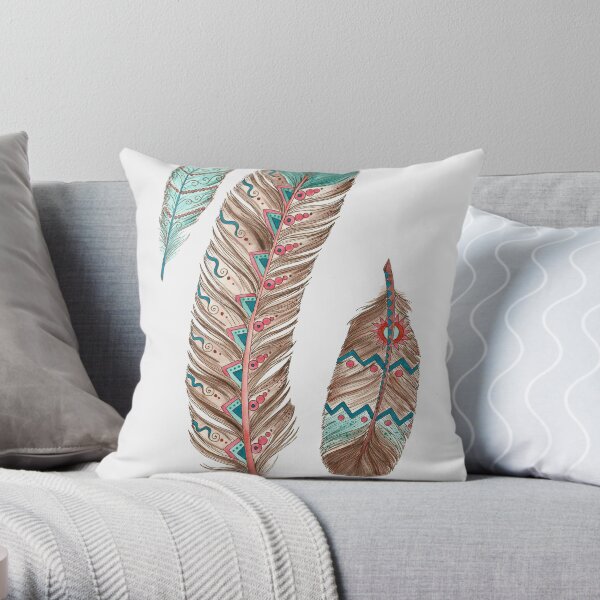 Feathers 3 Peach and Blue Throw Pillow