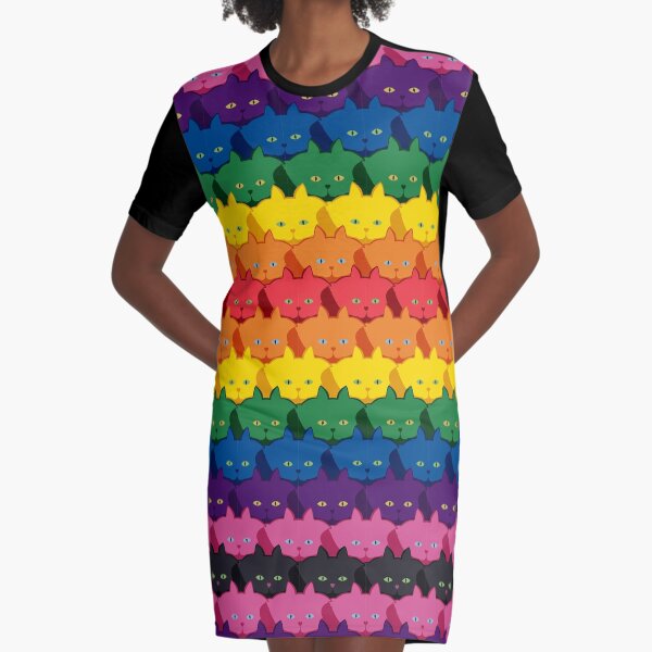 Rainbow Horizontal Stripe Cattern [Cat Pattern] Graphic T-Shirt Dress