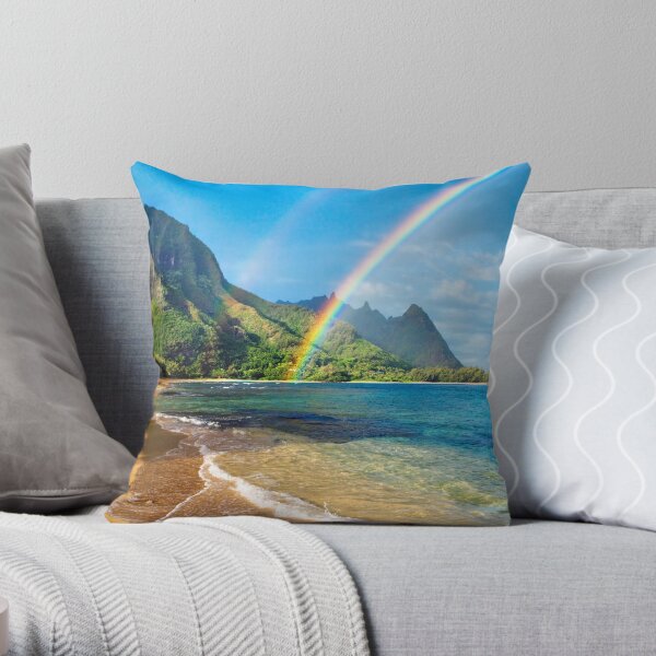 Rainbow at Tunnels Beach Hawaii Throw Pillow