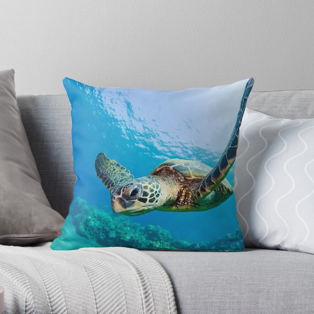 Green Sea Turtle over Reef Throw Pillow