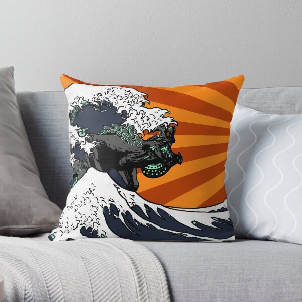 Kaiju Vs Jaeger (Japanese Wave) Throw Pillow