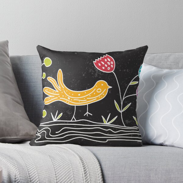 doodle bird and plants Throw Pillow