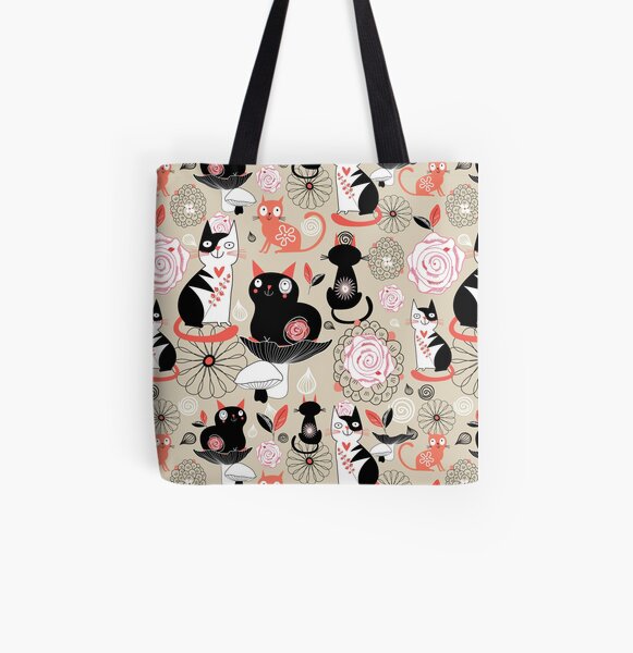 Floral pattern with cats All Over Print Tote Bag