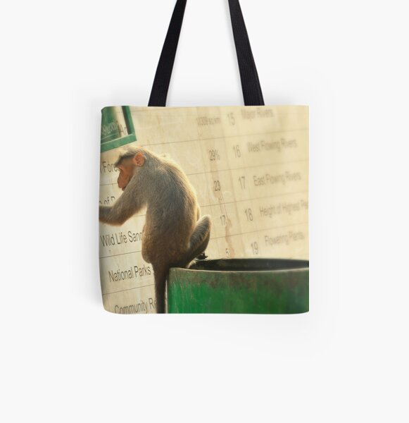 Curious Monkey Reading A Sign In Kerala, India All Over Print Tote Bag