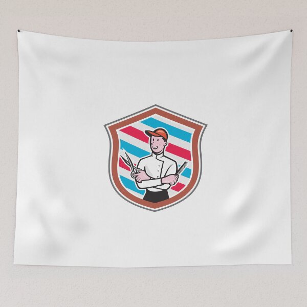 Artikelvorschau, Barber Holding Scissors Comb Shield Cartoon entworfen und verkauft von patrimonio.
