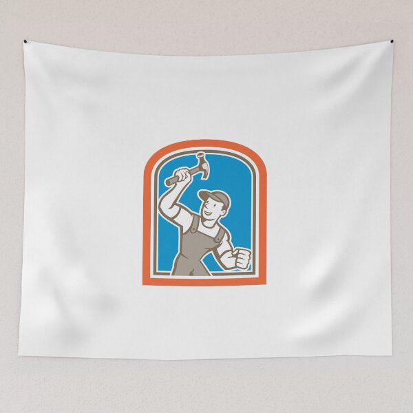 Artikelvorschau, Builder Carpenter Holding Hammer Shield Cartoon entworfen und verkauft von patrimonio.