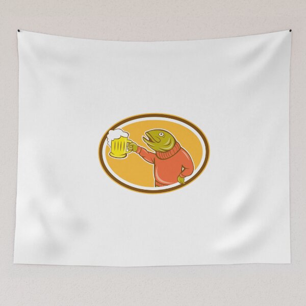 Aperçu de l'œuvre Trout Fish Holding Beer Mug Oval Cartoon créée et vendue par patrimonio.