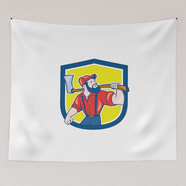 Item preview, LumberJack Holding Axe Shield Cartoon designed and sold by patrimonio.