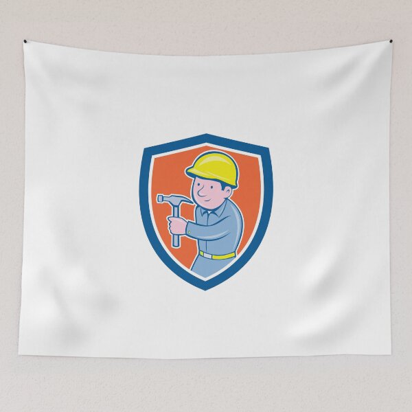 Item preview, Carpenter Builder Hammer Shield Cartoon designed and sold by patrimonio.