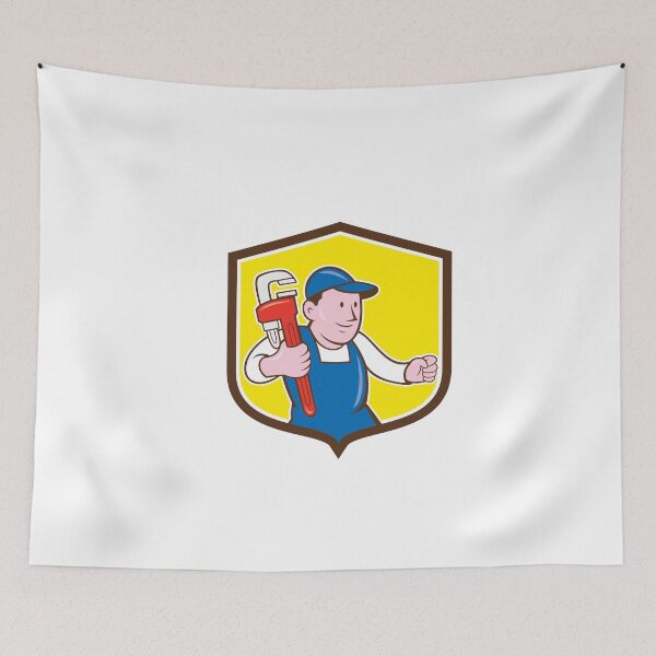 Aperçu de l'œuvre Plumber Holding Monkey Wrench Shield Cartoon créée et vendue par patrimonio.