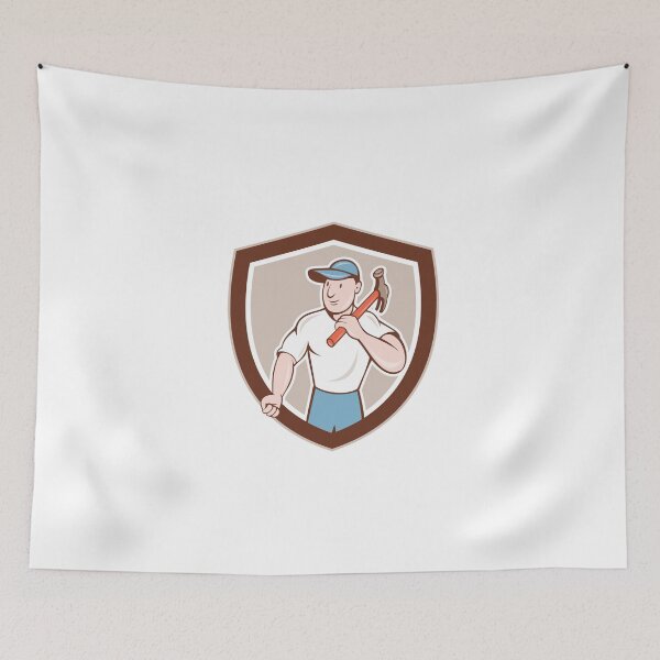 Artikelvorschau, Builder Carpenter Holding Hammer Shield Cartoon entworfen und verkauft von patrimonio.
