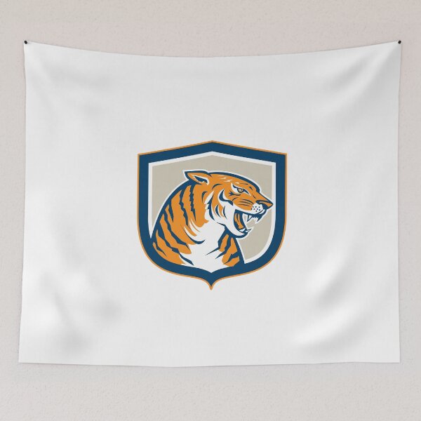 Item preview, Angry Tiger Head Sitting Growling Shield Retro designed and sold by patrimonio.