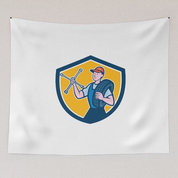 Item preview, Mechanic With Tire Wrench Shield Cartoon designed and sold by patrimonio.