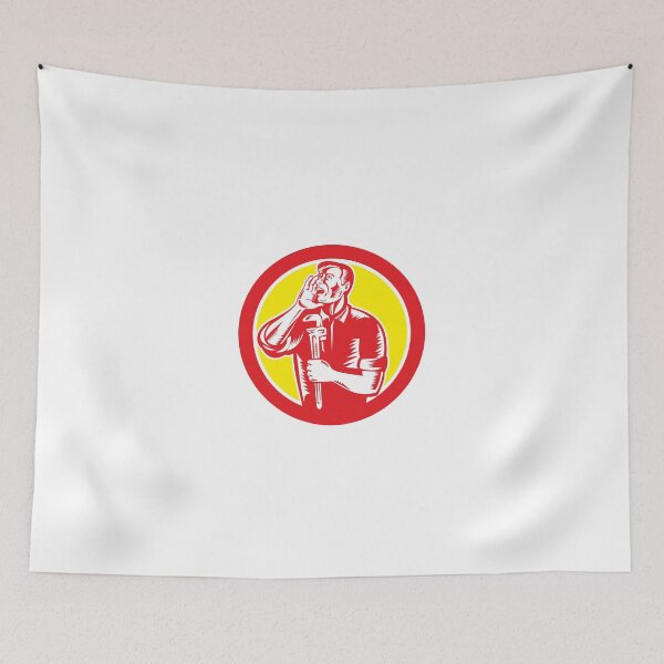 Item preview, Plumber Shouting Holding Wrench Circle Retro designed and sold by patrimonio.
