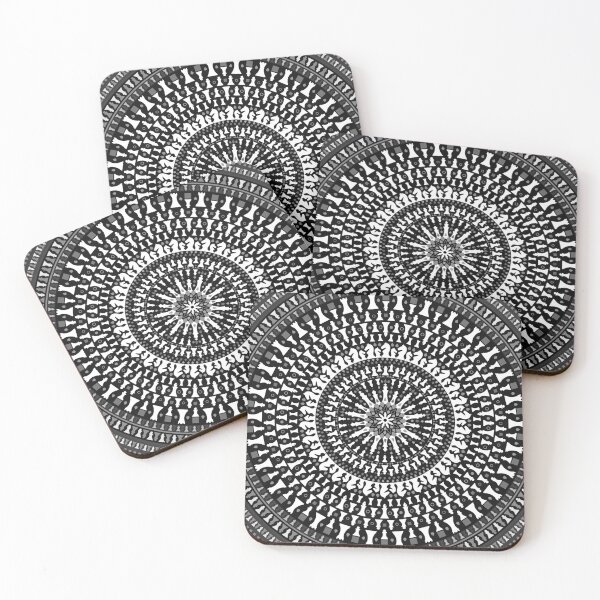 Chess Pieces Mandala - Grayscale Coasters (Set of 4)