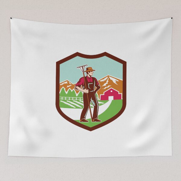 Item preview, Organic Farmer Rake Woodcut Shield Retro designed and sold by patrimonio.