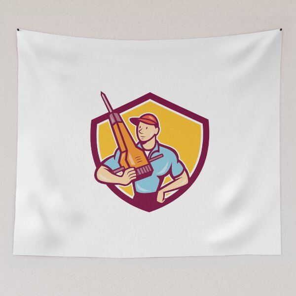 Item preview, Construction Worker Jackhammer Shield Cartoon designed and sold by patrimonio.
