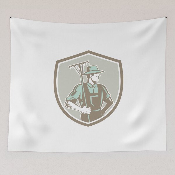 Item preview, Organic Farmer Rake Shield Woodcut Retro designed and sold by patrimonio.