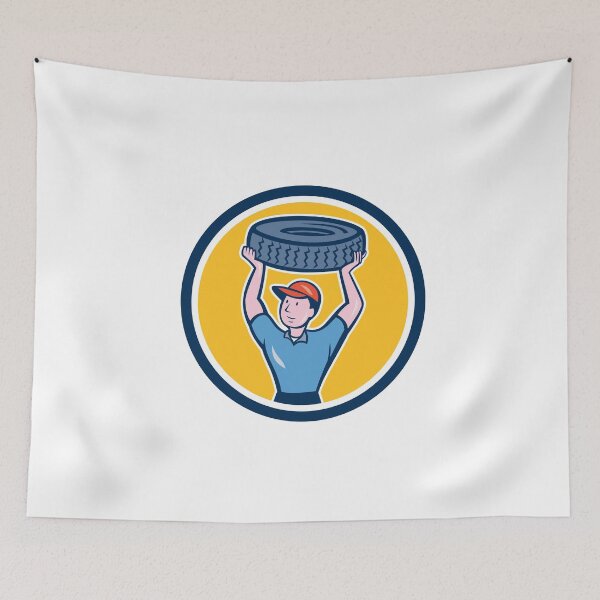 Item preview, Tireman Mechanic With Tire Cartoon Circle designed and sold by patrimonio.