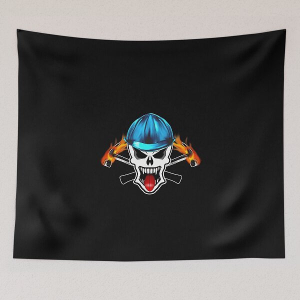 Item preview, Skull With Blue Hard Hat and Flaming Hammers designed and sold by sdesiata.