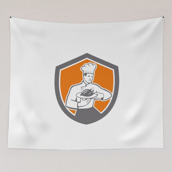 Item preview, Chef Cook Serving Chicken Platter Shield Retro designed and sold by patrimonio.