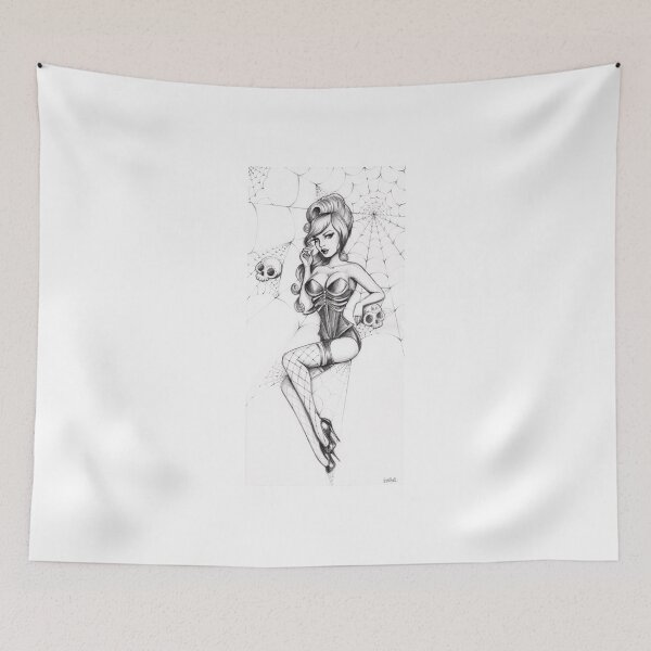 Item preview, Black Widow pinup, cobwebs and skulls designed and sold by Isobel Von Finklestein.
