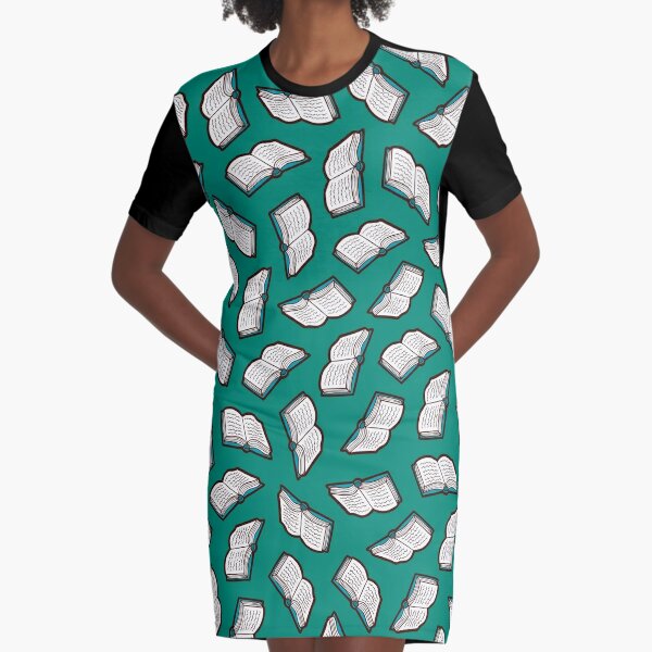 Bookish Reading Pattern in Jade Graphic T-Shirt Dress