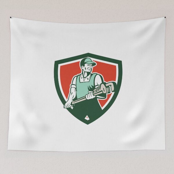 Item preview, Plumber Holding Giant Wrench Retro Shield designed and sold by patrimonio.