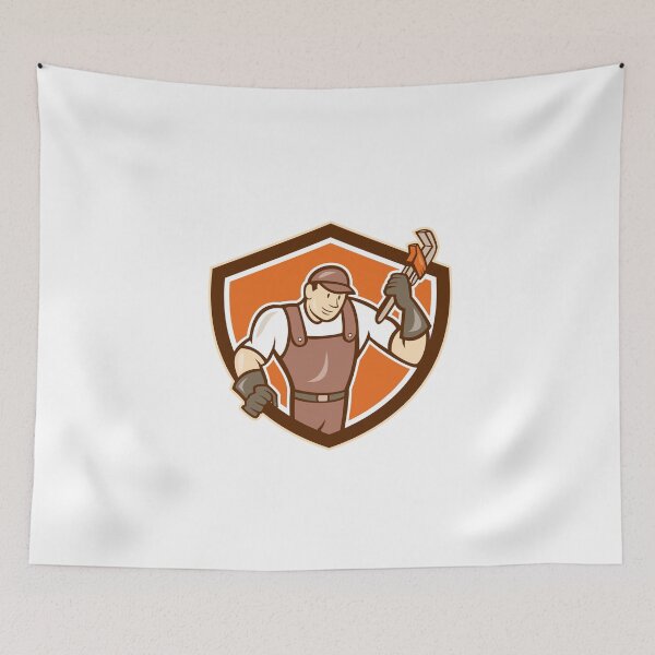 Aperçu de l'œuvre Plumber Holding Monkey Wrench Shield Cartoon créée et vendue par patrimonio.