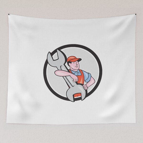 Aperçu de l'œuvre Mechanic Carry Spanner Wrench Circle Cartoon créée et vendue par patrimonio.