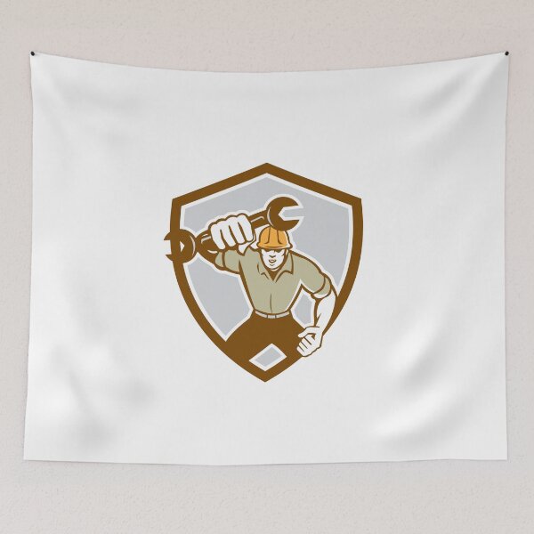 Item preview, Mechanic Spanner Wrench Running Shield Retro designed and sold by patrimonio.
