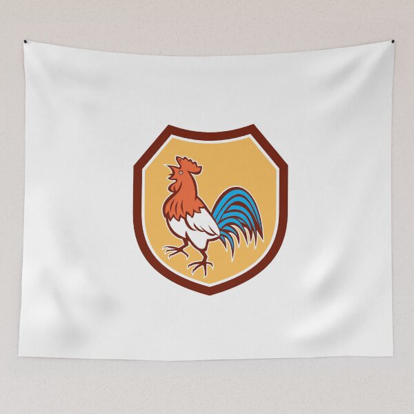 Aperçu de l'œuvre Chicken Rooster Crowing Looking Up Shield Retro créée et vendue par patrimonio.