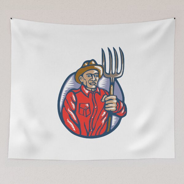 Item preview, Organic Farmer Holding Pitchfork Woodcut Linocut designed and sold by patrimonio.