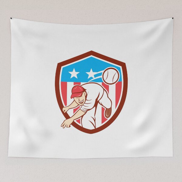 Item preview, Baseball Pitcher Outfielder Throwing Ball Shield Cartoon designed and sold by patrimonio.